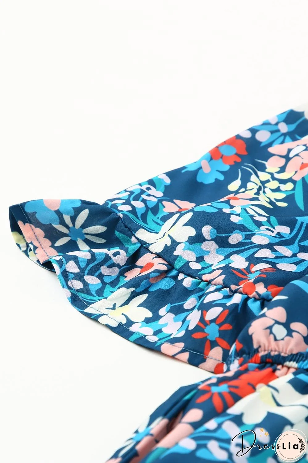 Blue Floral Ruffle Mini Dress with Square Neck