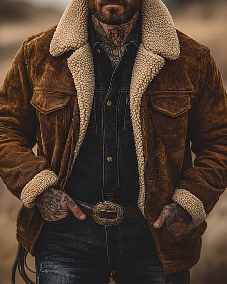 Men's Retro Solid Color Corduroy Lambswool Lining Warm Shorts Coat