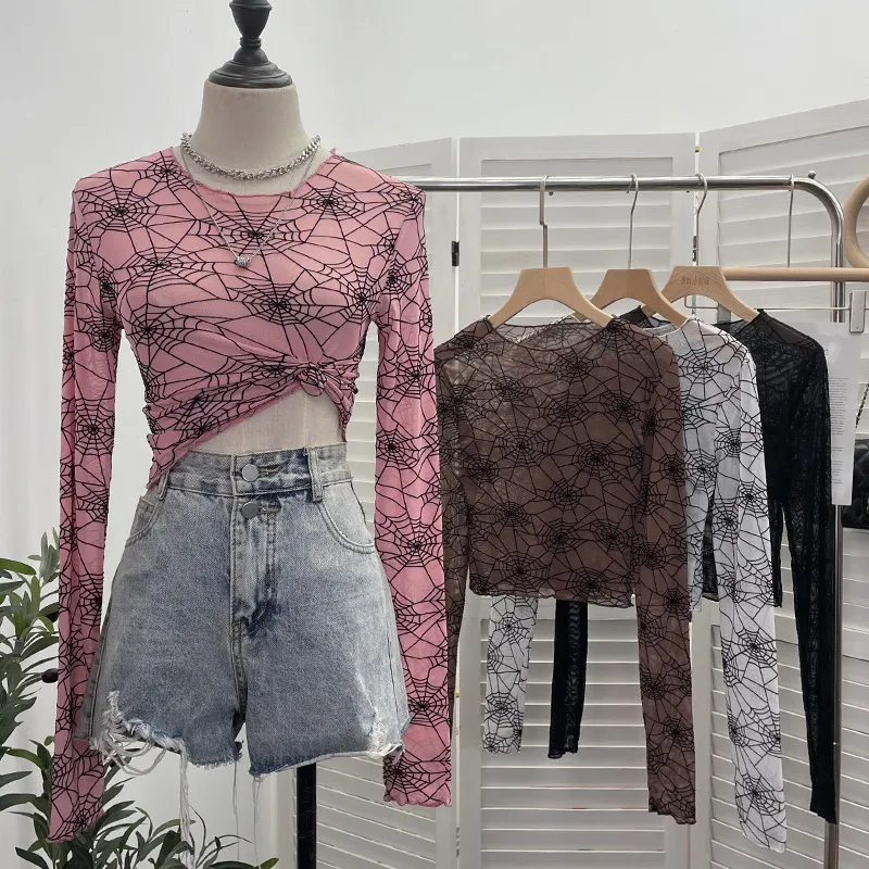 Uveng Spider-Web Yarn Velvet Perspective Bottom Shirt Dark T-Shirt T-Shirt Short Long-Sleeved T-Shirt Top 9908