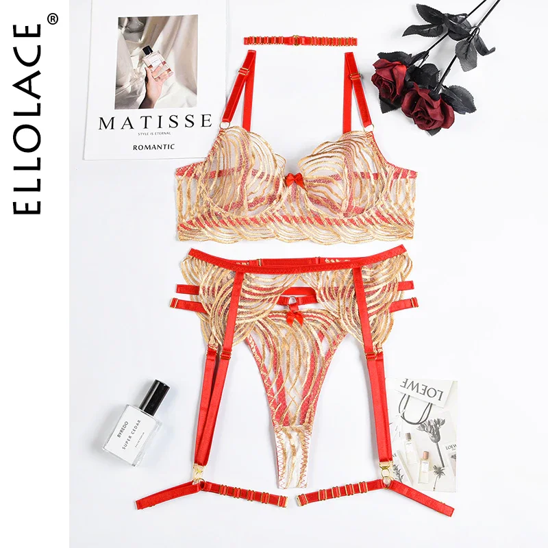 Billionm Sexy Lingerie For Women Gold Embroldery Lace Transparent Bra Fancy Female Underwear 4-Pieces Garter Belt With Stockings