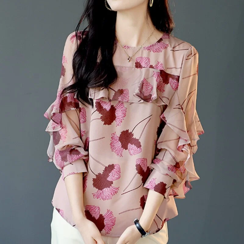 Jangj Ruffled Pink Floral Chiffon Shirt Round Neck Long Sleeve Casual Blouse for Female 2022 Spring Summer Elegant Clothing