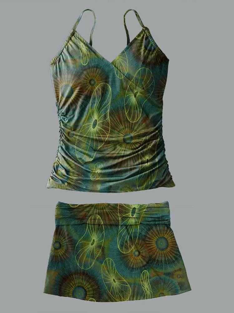 V-Neck Green Retro Ethnic Spots Art Print Suspender Skirt Tankini Pantskirt Set Swimsuit