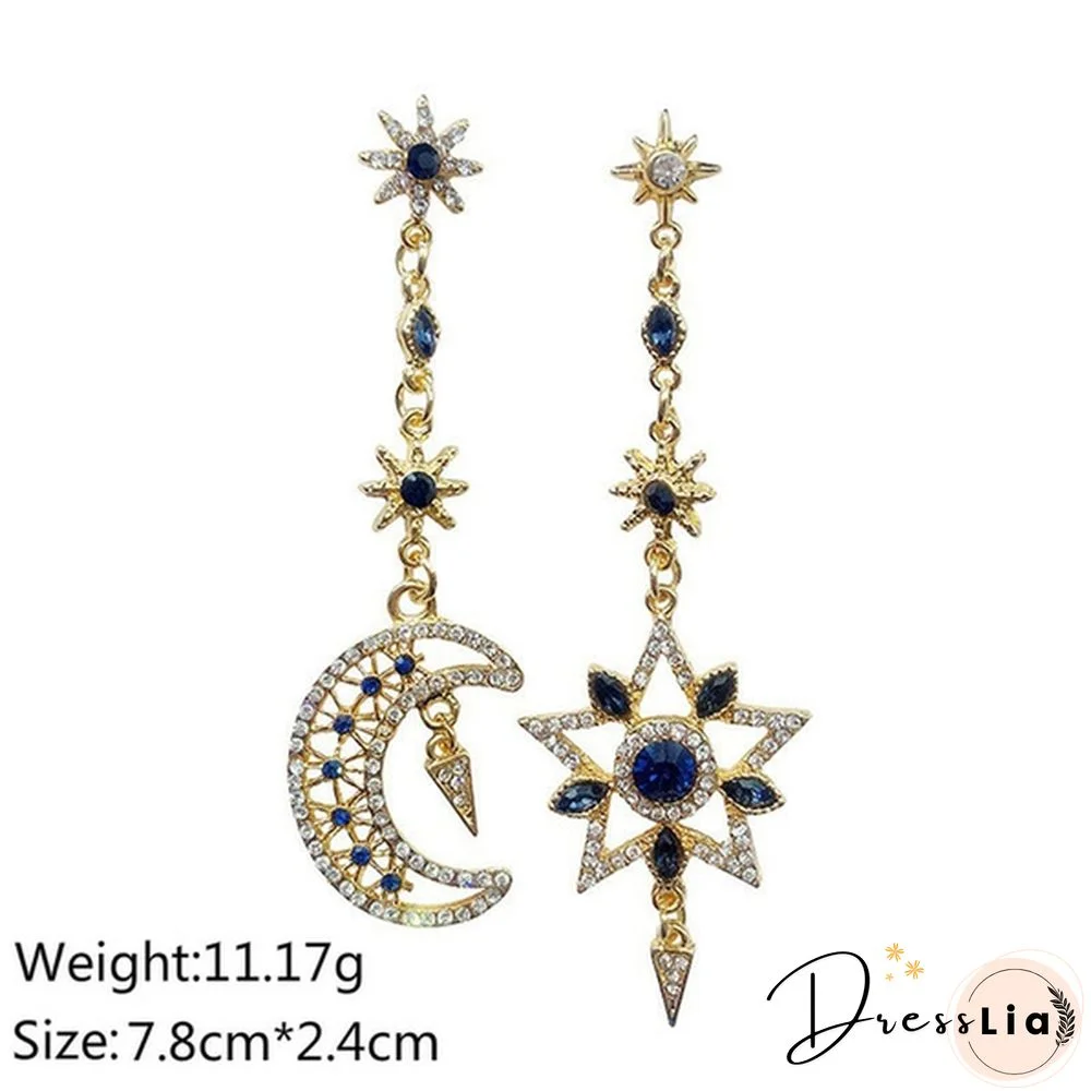 925 Silver Needle Asymmetry Long Star Moon Earrings Crystal Rhinestone Personality Tassel Elegant Shinny Earrings Girls Jewelry Gifts