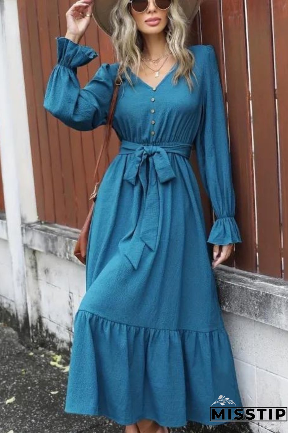 Solid Simple Dress, Elegant V Neck Long Sleeve Maxi Dress, Women's Clothing
