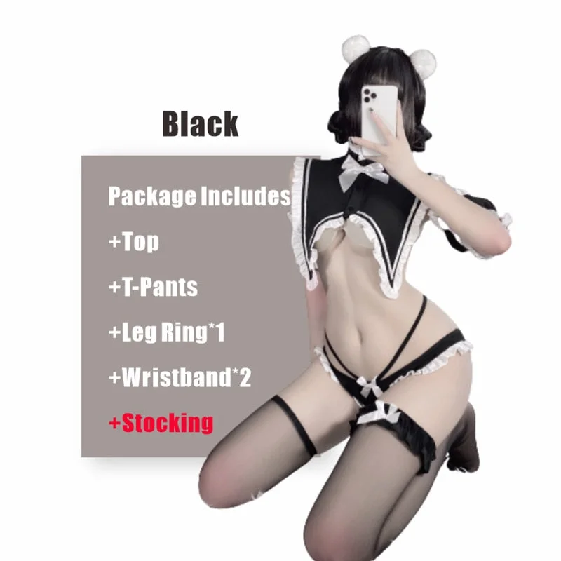 OJBK 5PCS Women Sexy Bunny Girl Cosplay Uniform Temptation Lingerie Bow Lace Short Top Nightwear Feamle Role-Playing Outfits NEW