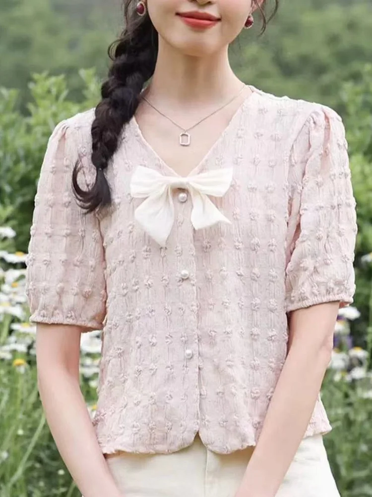 V-neck Short-sleeved Bow Shirt