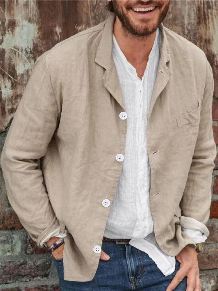Men's Solid Color Lapel Collar Cotton Linen Blazer
