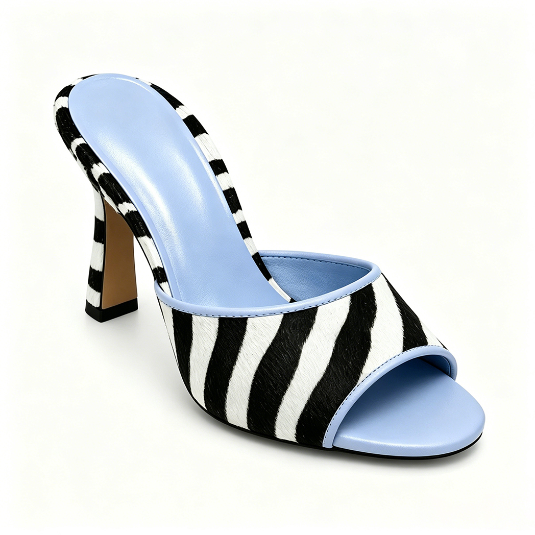 Pony Hair Mules Black and White Zebra Horsehair Slippers Sexy Peep Toe Stilettos Vintage Style Summer High Heels  highheelher