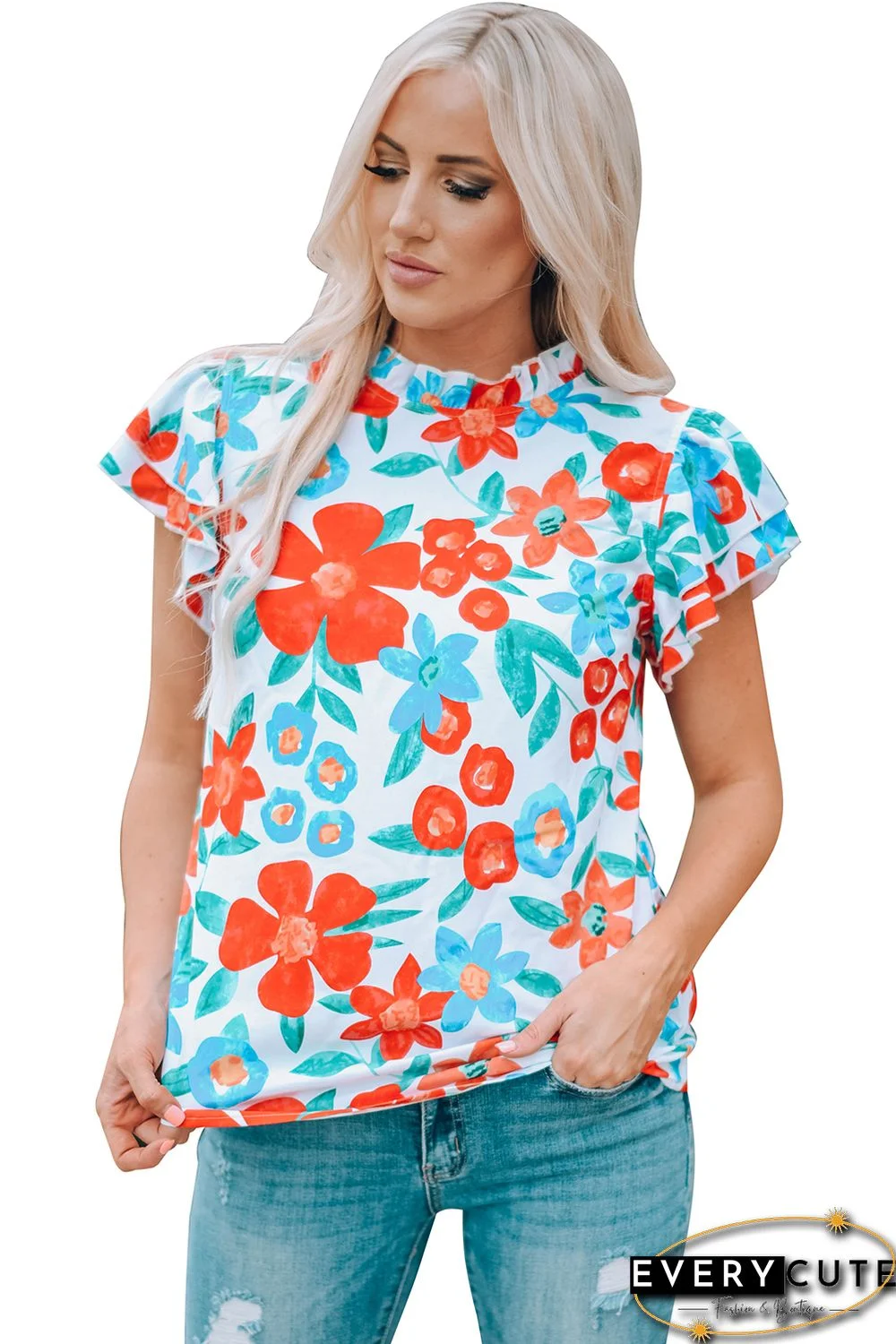 White Floral Print Frilled Neck Ruffled Sleeve Top