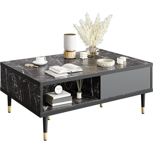 Bestier Mid Century Modern Coffee Table Center Table with Sliding Doors for Living Room