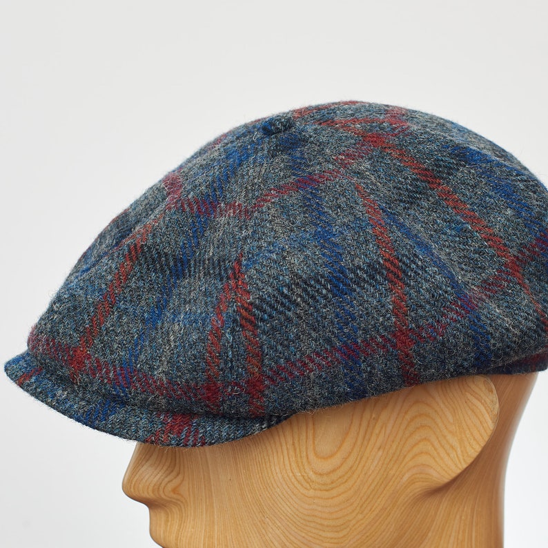 SHELBY Harris Tweed Genuine Scottish 8 Panels Newsboy PEAKED  Cap Applejack Bandit Hooligan Vintage Gangster Wool Fall Hat GRAY-BLUE