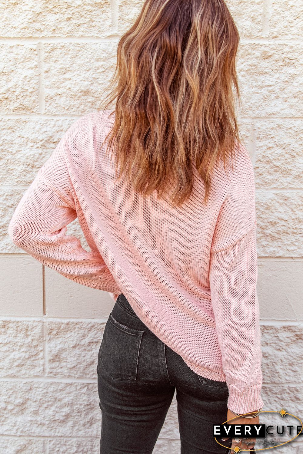 Pink Oversize Knitted Drop-shoulder Sleeve Sweater