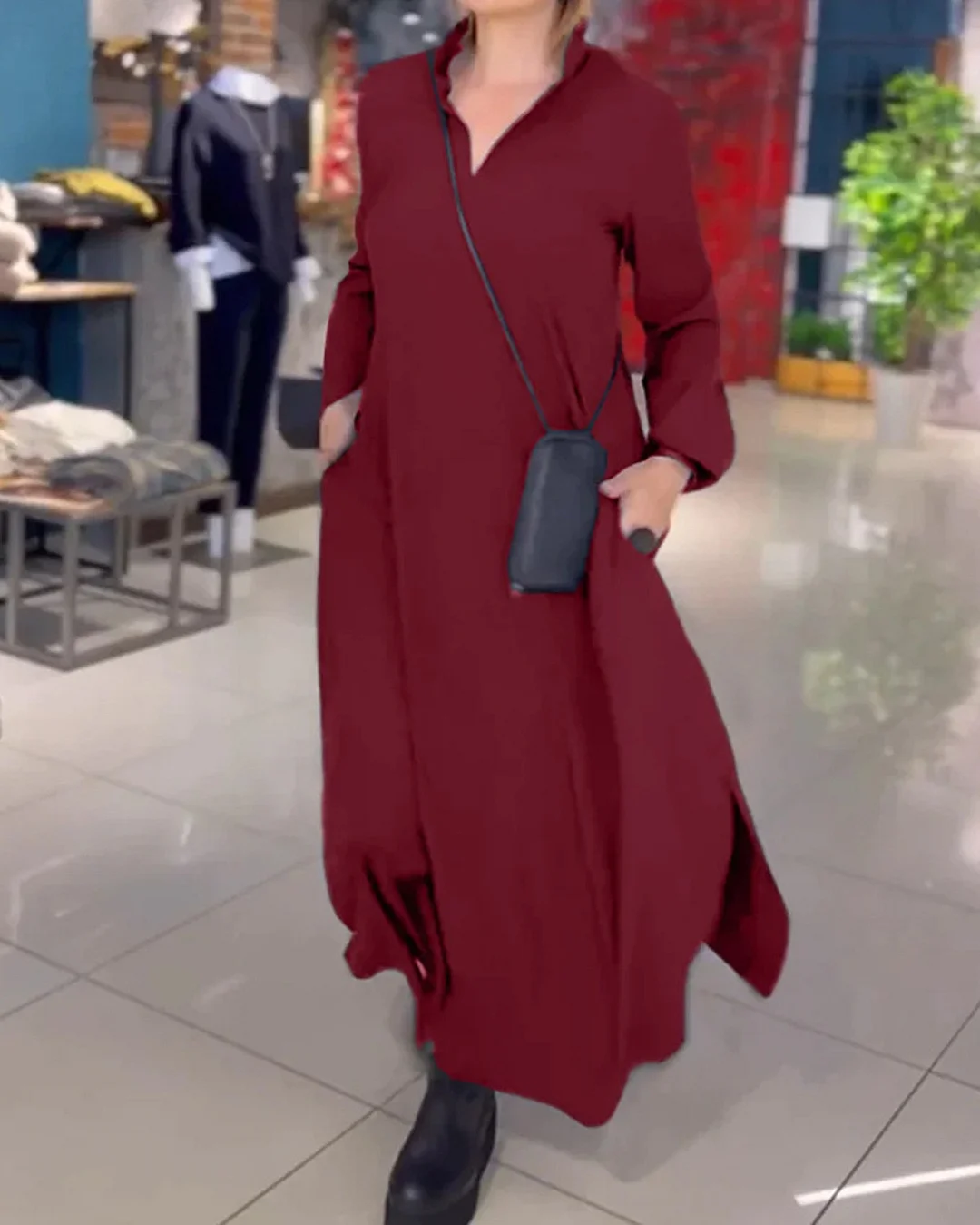 Woherb Autumn And Winter New Leisure Loose Solid Color V Collar Long-Sleeved Dress Women