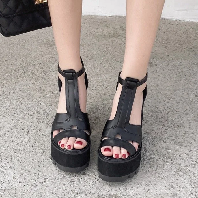 Vstacam Back to School Open Toe Vintage Gladiator Sandals Women Shoes High Heels Black Leather PU T-Strap Gothic Style Chunky Heel With Zipper