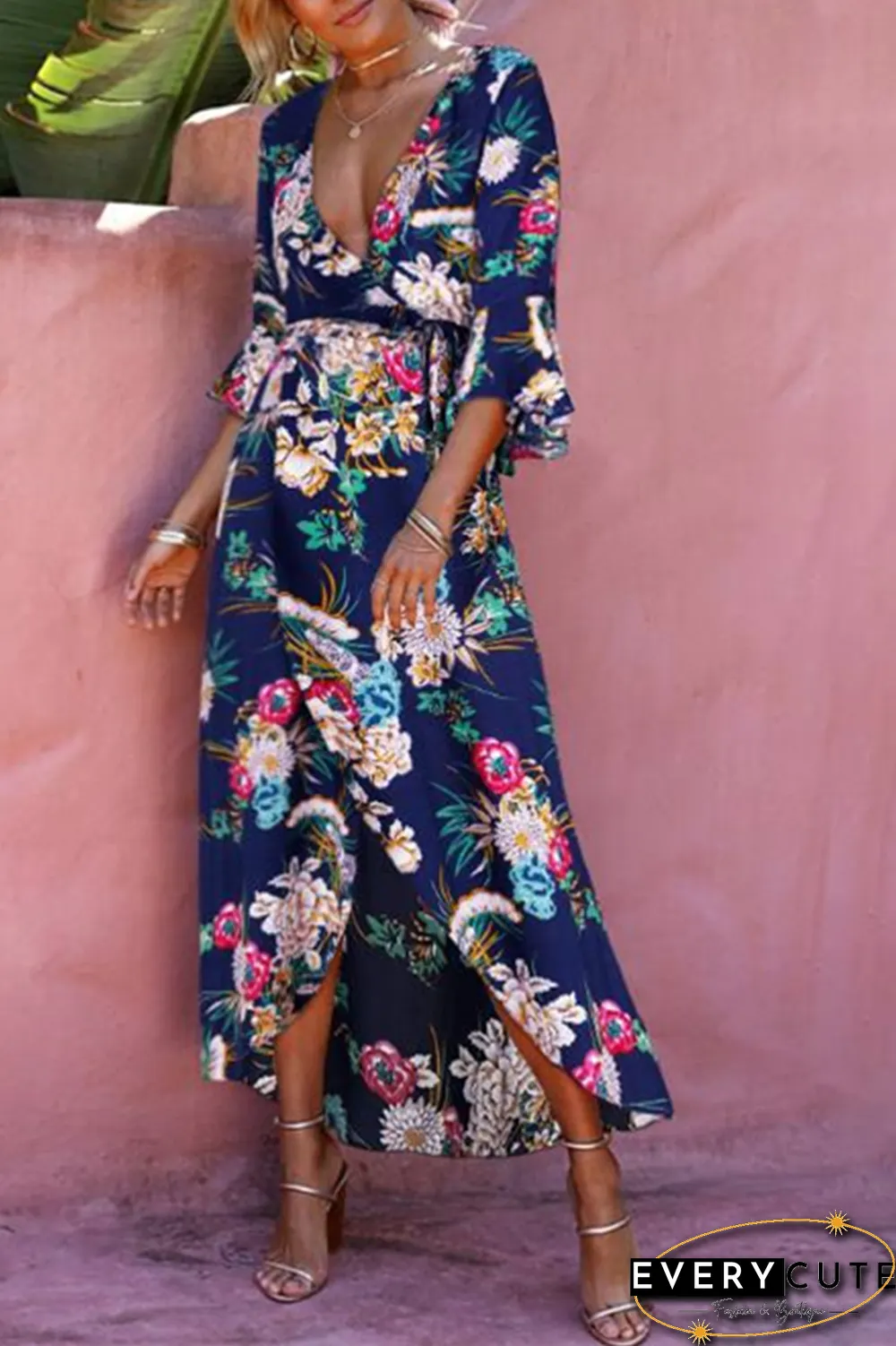 Casual Print Split Joint V Neck Printed Dress Dresses（3 Colors）