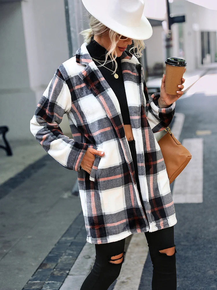 Women's Cardigan Long Sleeve V-Neck Long Lapel Warm Fleece Plaid Jacket