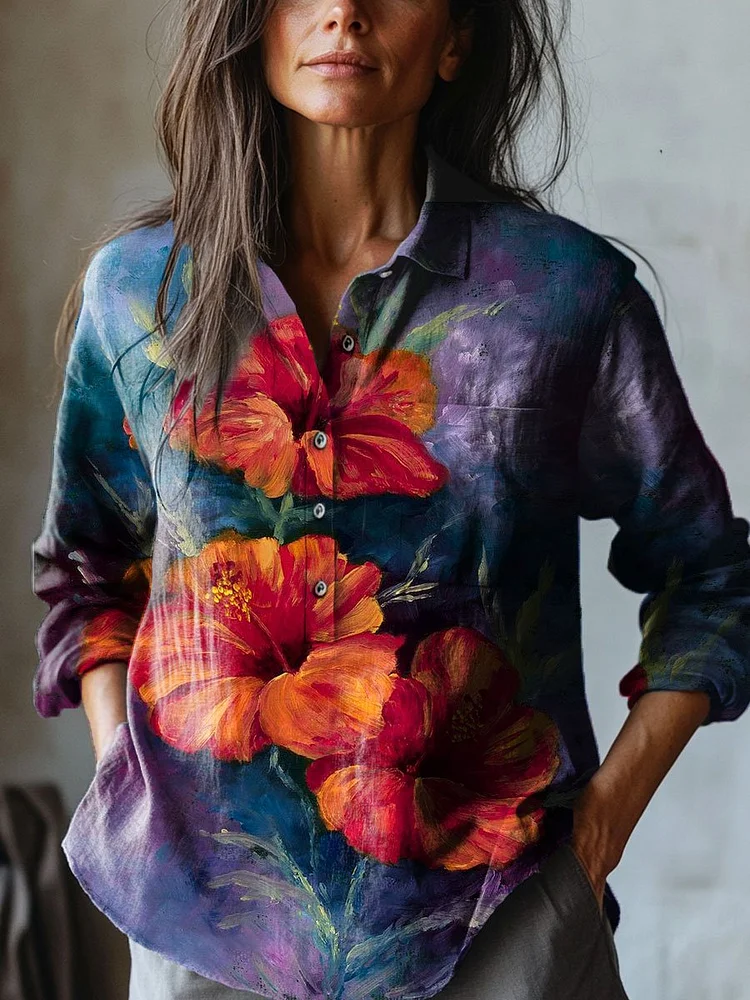 Women's  Flowers Art Print  Casual Cotton And Linen Shirt