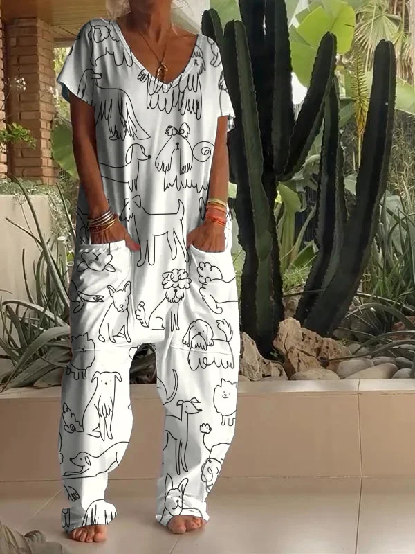 Casual Cartoon Dog Art Print V Neck Jumpsuit