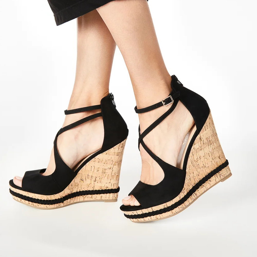 Black Faux Suede Open Toe Wedge Heel Strappy Platform Sandals Nicepairs