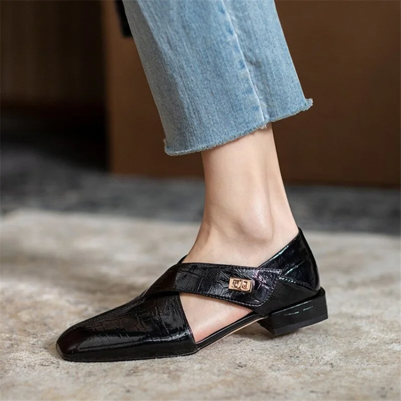 Vstacam 2023 Spring Genuine Leather Women Pumps Fashion Hollow Small Leather Shoes Low Heel Square Toe Buckle Solid Color Commuter Shoes