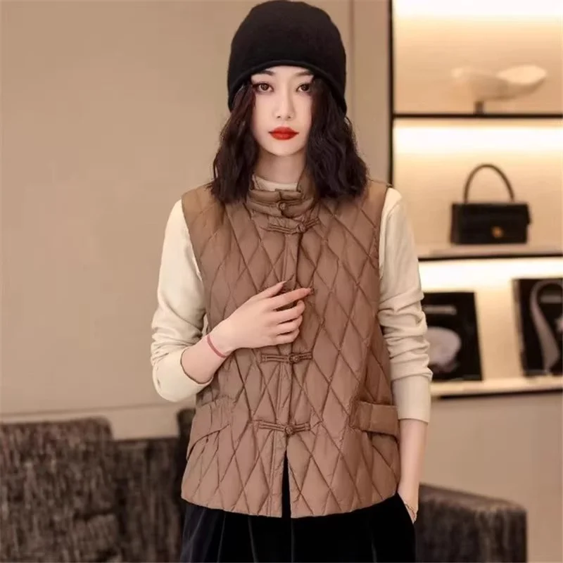 Woherb New Chinese Style Dish Buckle White Duck Down Down Vest Female Wear Winter New Fashion Diamond Large Size Vest Down Liner-Outfit Ideas