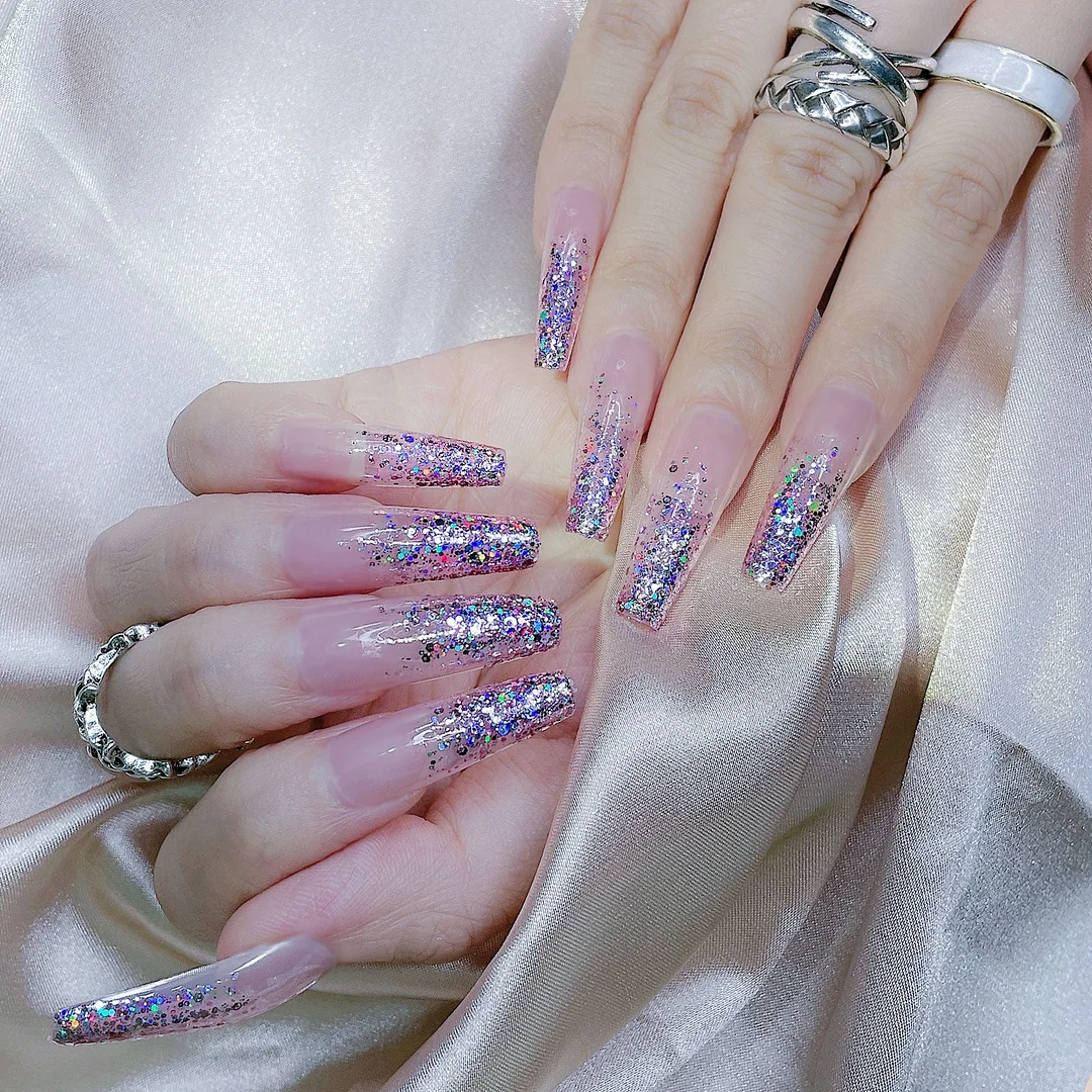 Glitter Extra Long False Nails Ballerina Wearable Coffin Fake Nails Full Cover Nail Tips fake nail with design Manicure Tool-Nail Inspo
