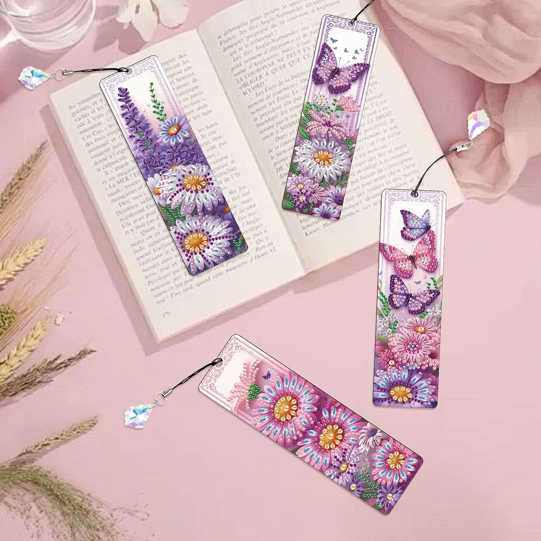 4Pcs Daisy and Butterfly DIY Diamond Bookmark Art Projects Irregular Shaped Diamonds Diamond Painting Art Bookmarks with Crystal Pendants for DIY Making Beginners Adult Art Craft Supplies