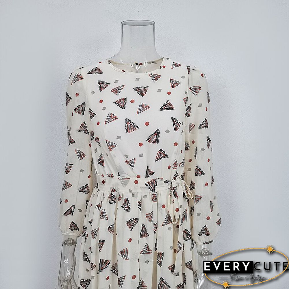 New Fashion Casual Polka Dot Print Chiffon Dress Womens High Waist lantern sleeve a-line