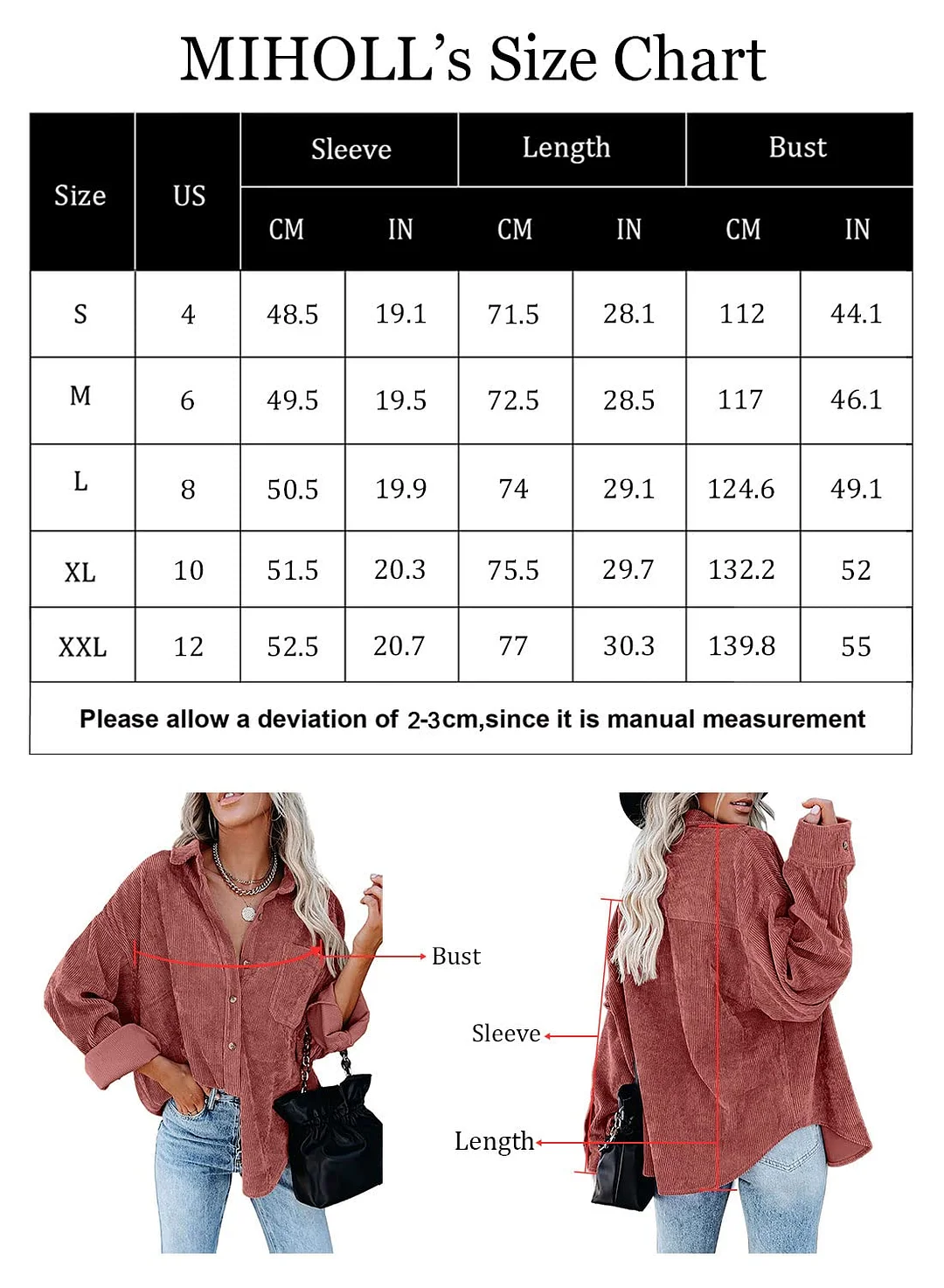 MIHOLL Women Corduroy Long Sleeve Button Down Collared Shirt Jacket Tops
