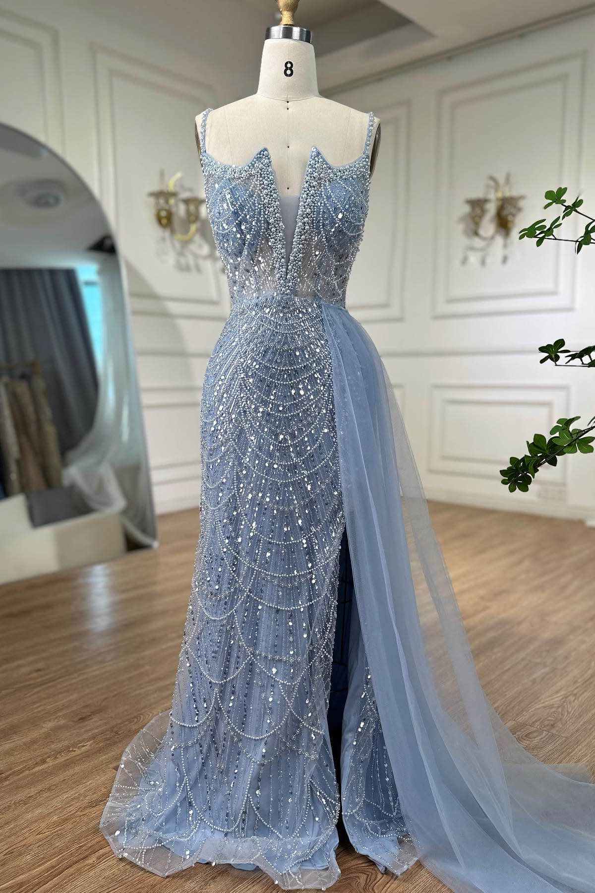 Bellasprom Sky Blue Spaghetti-Straps Prom Dresses Mermaid Sleeveless Pearls With Slit Bellasprom