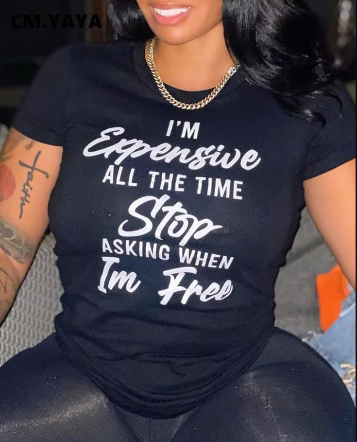 CM.YAYA Women T-shirts Letter Print Short Sleeve O-neck Stretchy T Shirt Tops Female Fashion Streetwear Casual Tees Tops Summer