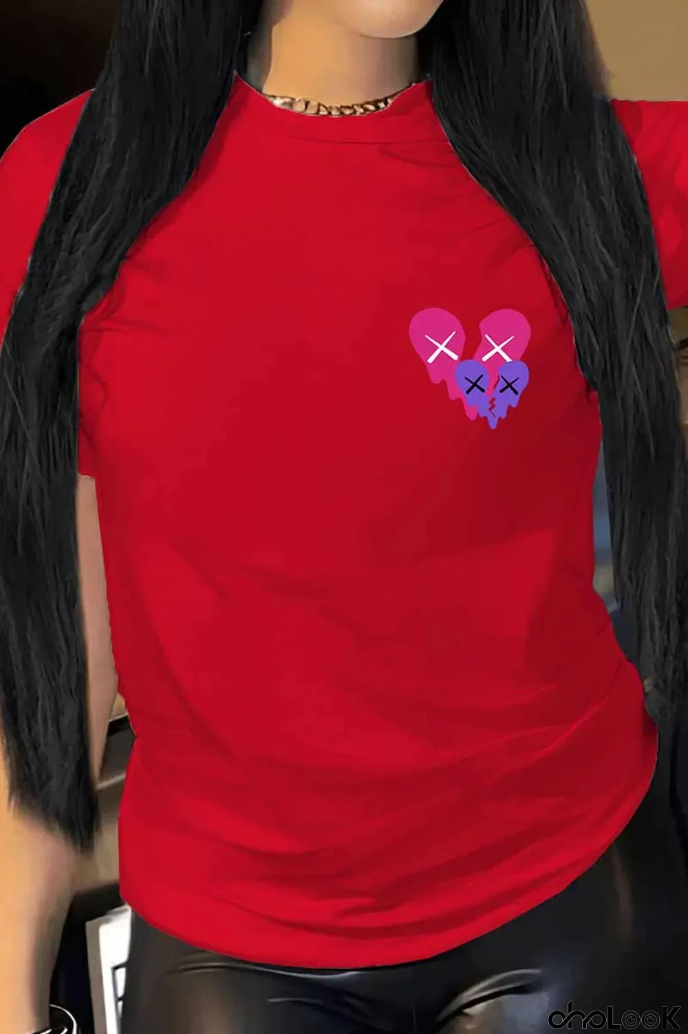 Red Casual Print Patchwork O Neck T-Shirts