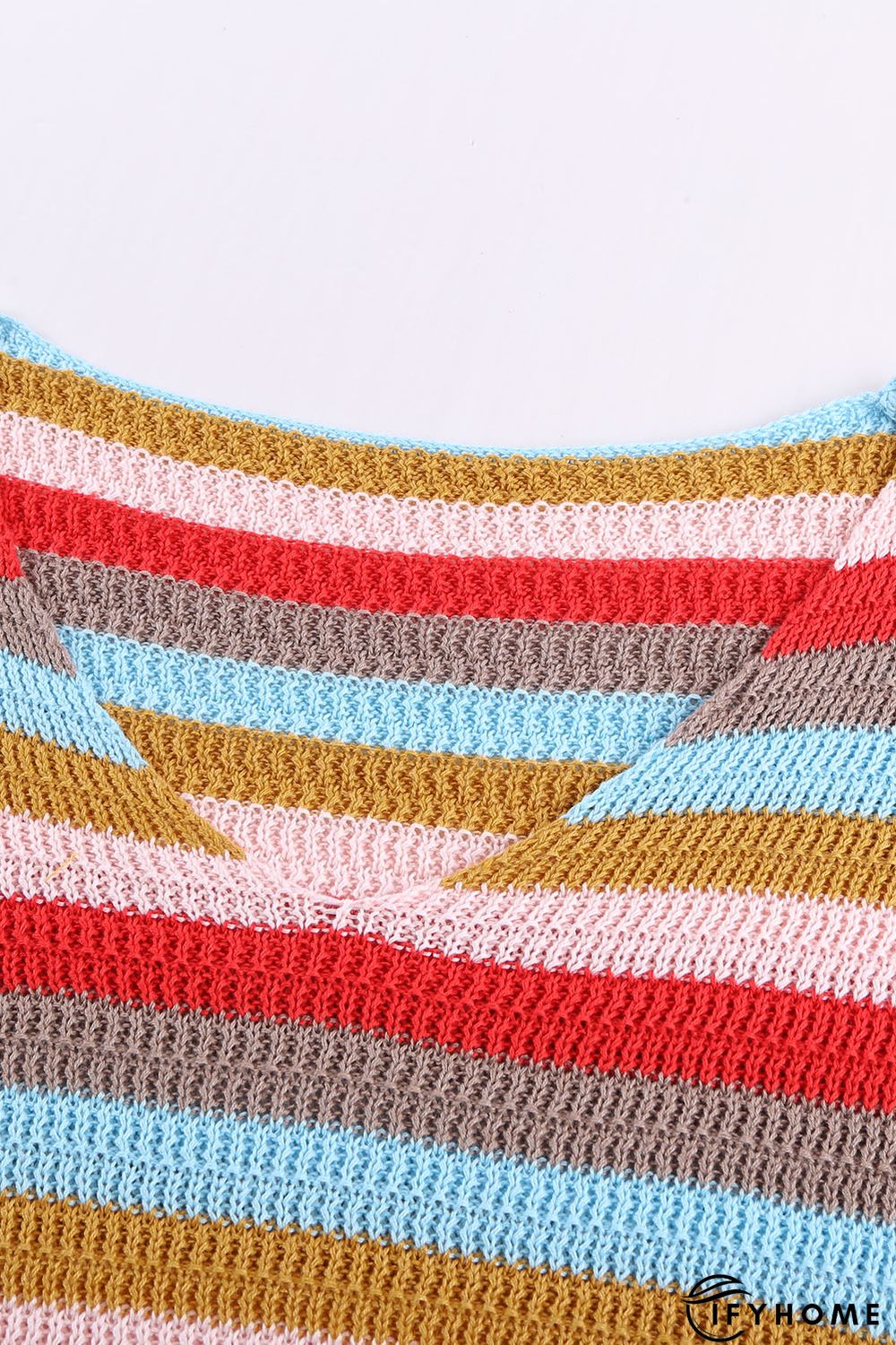 Multi-color Striped Ruffle Short Sleeve Knit Top | IFYHOME