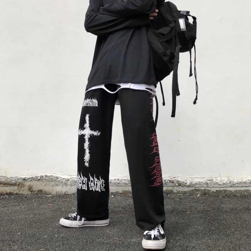Unisex Gothic Pants Men Japanese Casual Sweatpants Graffiti Anime Punk Hippie Wide Leg Trouser Harajuku High Streetwear Techwear Shop