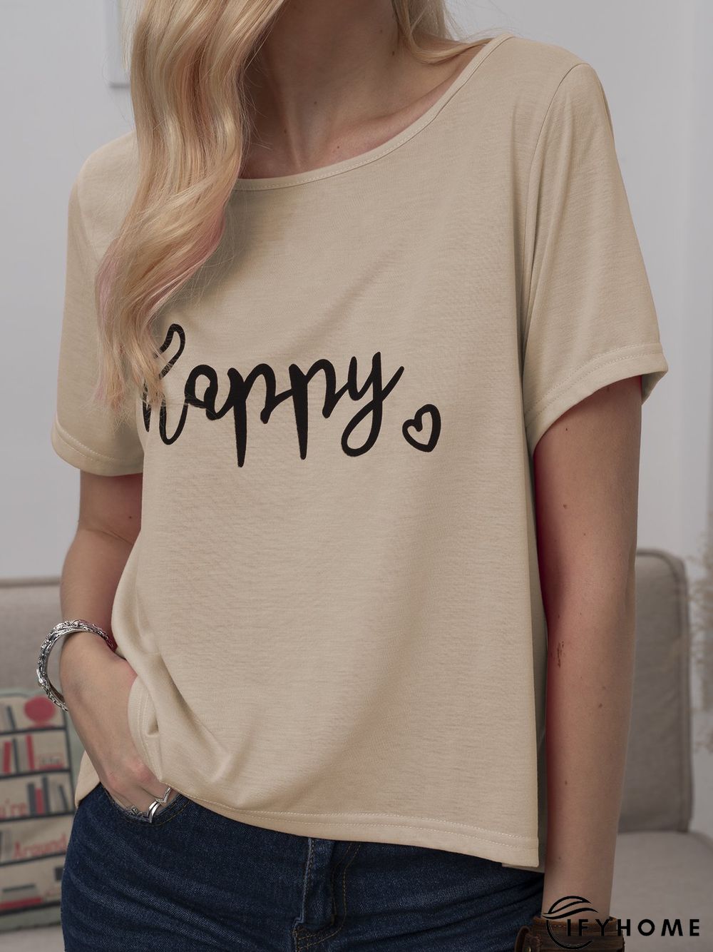 Plus Size Women Short Sleeve Happy Floral Casual Tops | IFYHOME