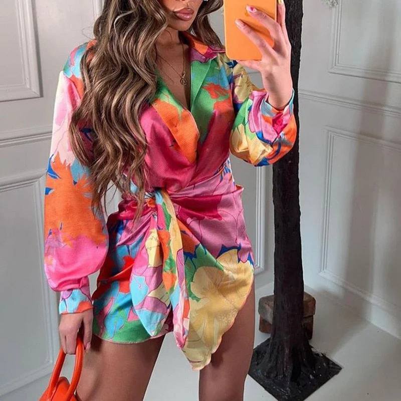 Women Vitange Pattern Print Boho Shirt Dress Female Fashion Lapel Long Sleeve Lace Up Robe 2022 Summer High Slit Loose Dresses