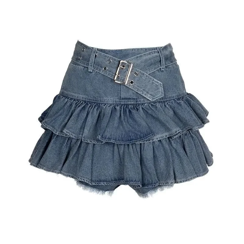 Huibahe Kawaii Jean Skirt Shorts Women Korean Fashion High Waist A-line Belt Patchwork Cute Ruffles Denim Mini Skirt Summer