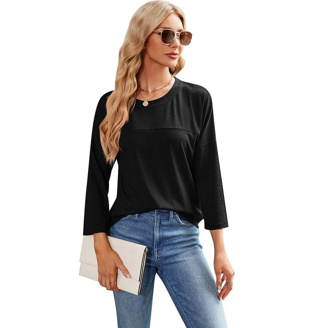 Uveng Solid Color Casual Sleeve Round Neck Blouses