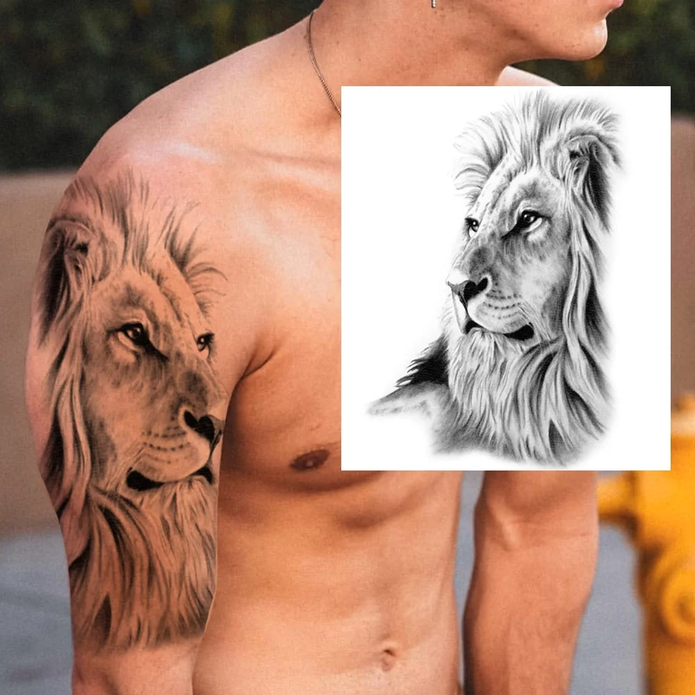 Sdrawing Military Wolf Temporary Tattoos Sleeve For Men Adult Fake 3D Lion Skull Tatoos Sticker Full Arm Warriors Tattoos For Show