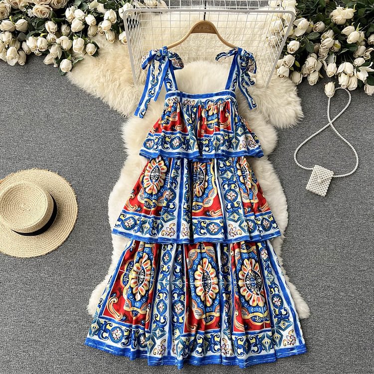 Flaxmaker Ruffle Retro Printed Dress