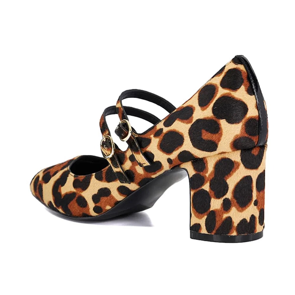 Beige Cheetah Pattern Closed Toe Block Heel Buckle Mary Jane Pumps