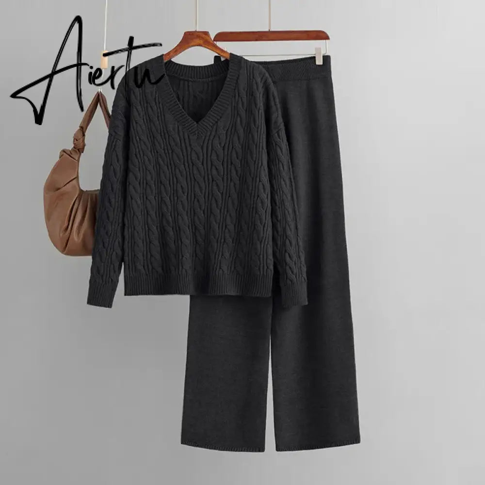 Aiertu  Autumn Loose Two Pieces Sets Women Twist Striped Sweater+Wide Legs Thick Long Pant Home Wear Casual Knitted Suits Aiertu