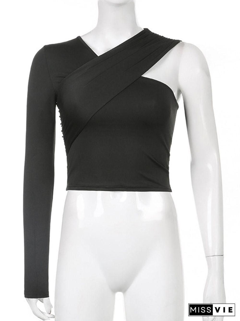 Asymmetrical V Neck One-shoulder Soild Women's T-shirts Slim Female Streetwear Crop Tops Autumn All-match Vinatge Tees