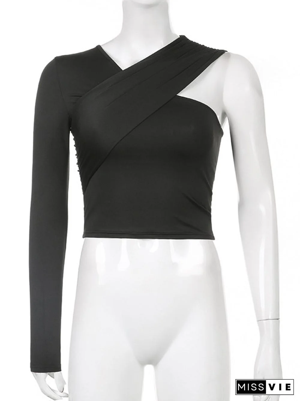 Asymmetrical V Neck One-shoulder Soild Women's T-shirts Slim Female Streetwear Crop Tops Autumn All-match Vinatge Tees