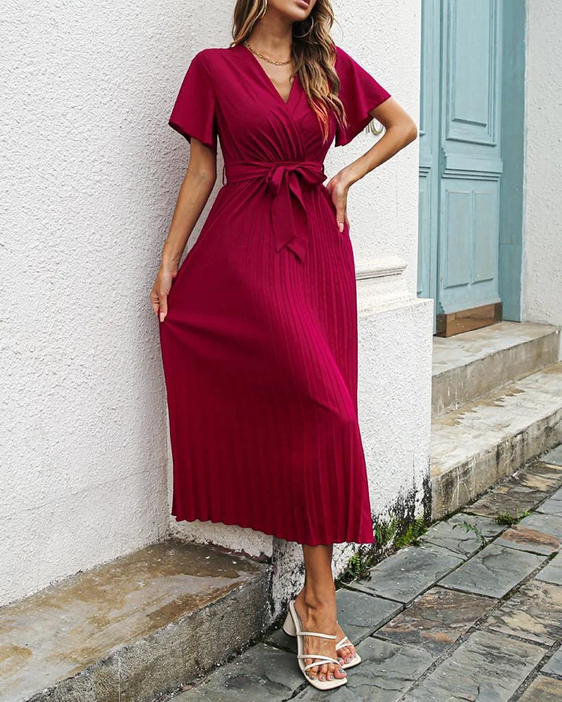 Casual ruffle sleeve pleated chiffon dress