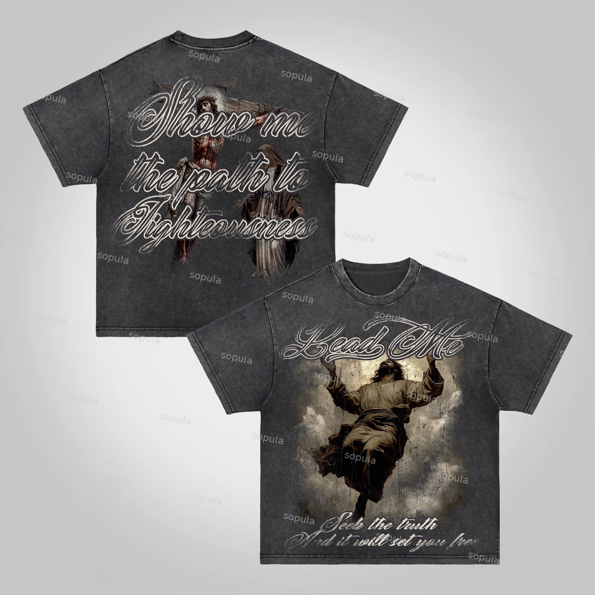 Sopula Lead Me Lord. Vintage Jesus Graphics Acid Washed T-Shirt - SOPULA