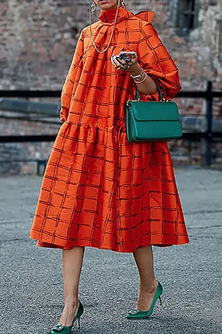 Plus Size Semi Formal Dress Orange Strappy Back Puff Sleeve Plaid Midi Dress [Pre-Order]