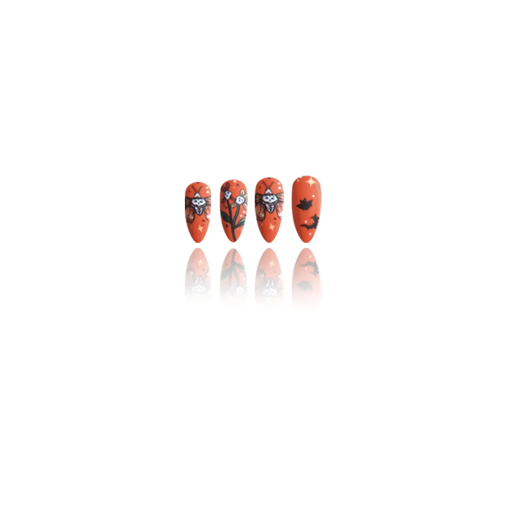 Churchf Churchf Almond Nail Orange Pumpkin Female Ghost Halloween Element Fake Nail Finished Wear Nail Holiday Nail