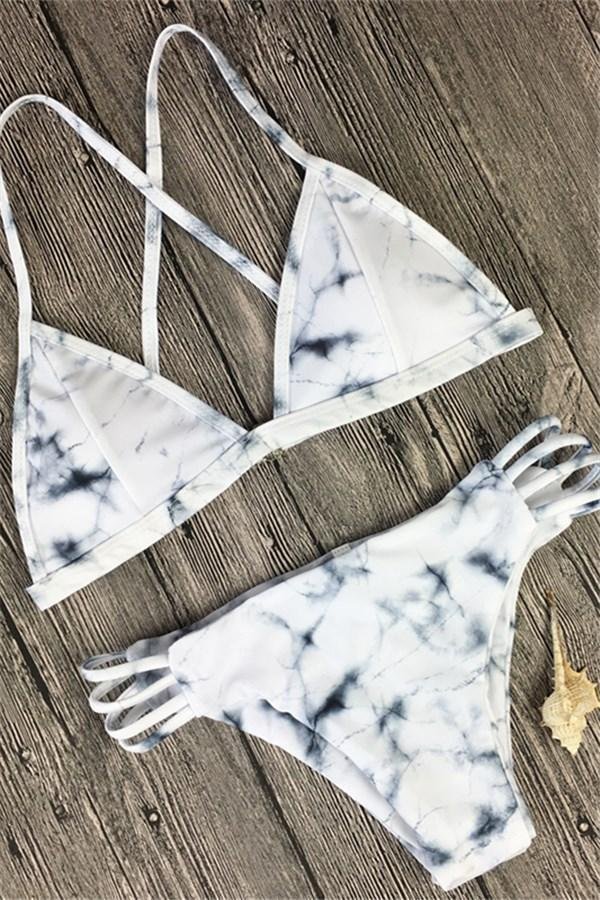 White Tie Dye Strappy Cheeky Sexy Triangle Bikini Swimsuit-elleschic