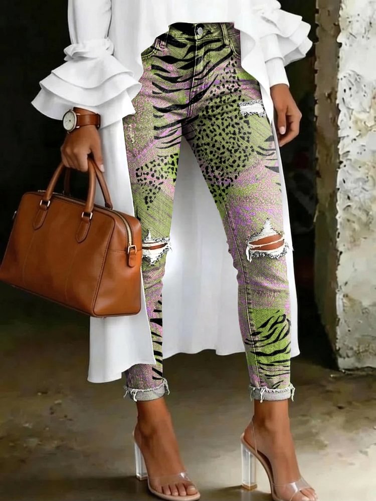 Women's Fashion Color-blocked Animal Print Artistic Print Casual High-waisted Ripped Skinny Jeans